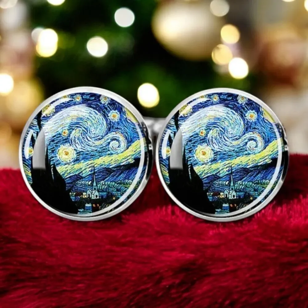Van Gogh Starry Night Cufflinks Silver Blue Art Museum Artist Chic Teacher Gift